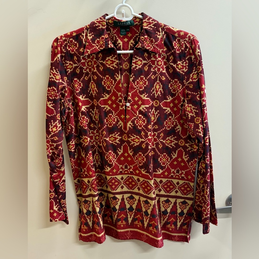 Ralph Lauren Red and Gold Patterned Blouse
